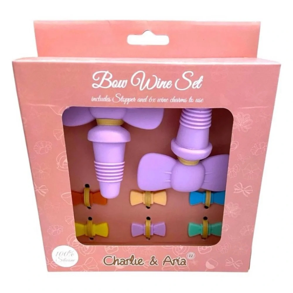 Wine Stopper & Charms Set - Silicone Bows - Great Gift NWT